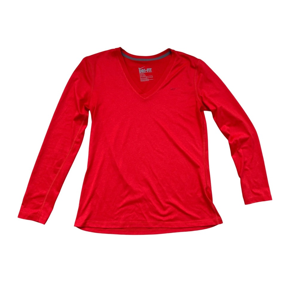 Nike Dri-FIT Women‎ Red V-Neck Long Sleeve Training Shirt Regular Fit Medium